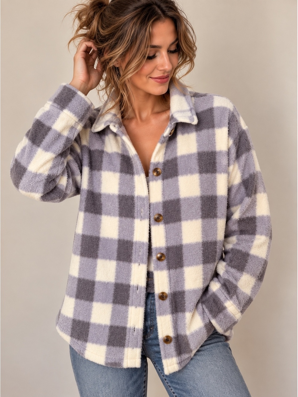 DSG Womens M Lavender Cream Checkered Fleece Shacket Button Front Cozy